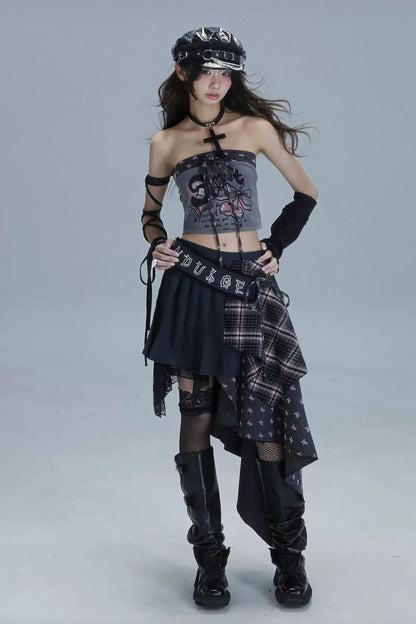 チェックパッチワークアシメスカート