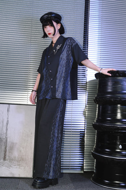 アシンメトリーカラーチャイナスネークプリントシャツ