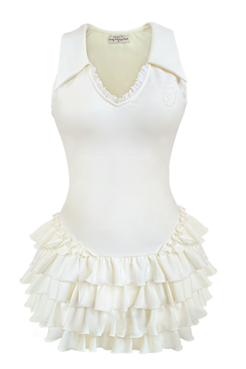 シックVネックフリルケーキノースリーブスリムフィットドレス