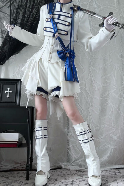 【9月13日予約締切】Blue White Military Ruffle Lolita Jacket (with epaulet bow) + Shirt + Short Skirt Set / Shorts Set + Complete set 1/2 (Officer cap + Leg covers + Sash)