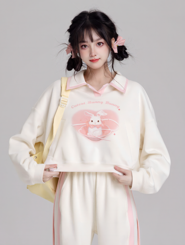 Rabbit Print Polo Collar Short Sweat Top + Pants