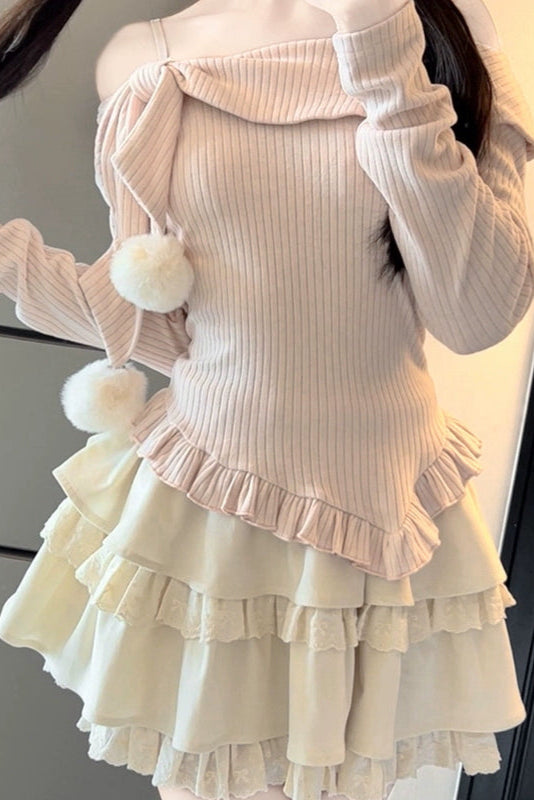 Little feather doll top + tiered skirt + cardigan