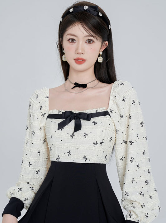 スクエアネックリボンモノクロワンピース