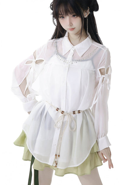 シフォンチャイナシャツ＋キャミソール＋ショートスカート＋ロングスカート＋レッグウォーマー