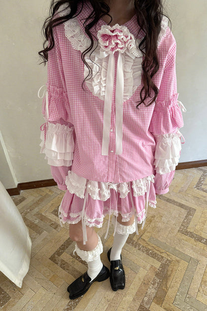 Camisa de patchwork con cuadrícula rosa muñeca