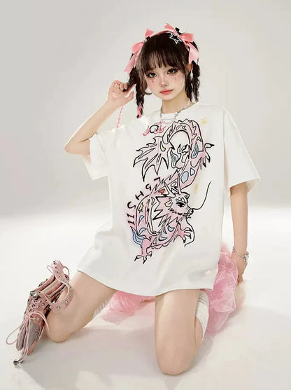 White Original Dragon Print Loose T-Shirt