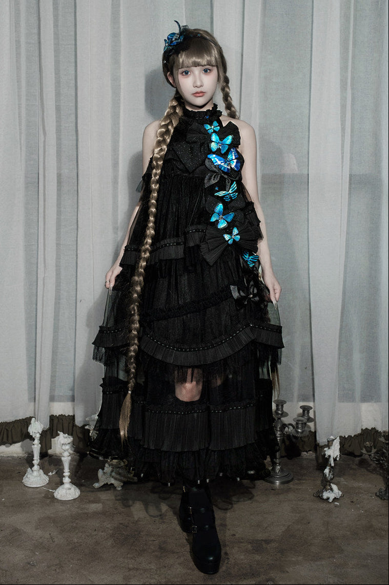 [Pre-order Deadline: October 14] Black/White Gothic Lolita Blue Butterfly Bow Tulle Ruffle Layered Halter Dress