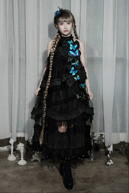 [Pre-order Deadline: October 14] Black/White Gothic Lolita Blue Butterfly Bow Tulle Ruffle Layered Halter Dress