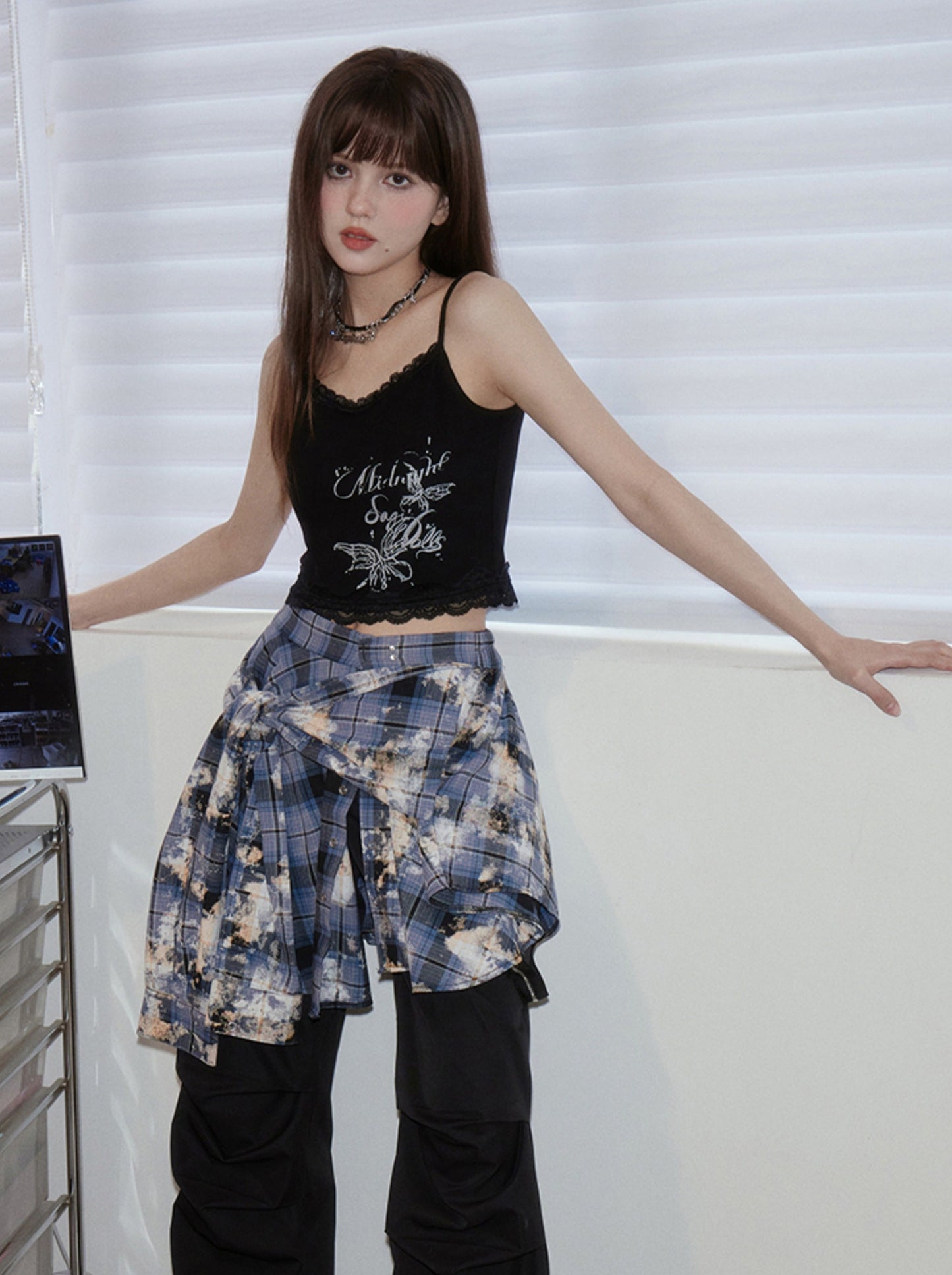 アートチェックシャツスカート+ハーフパンツ