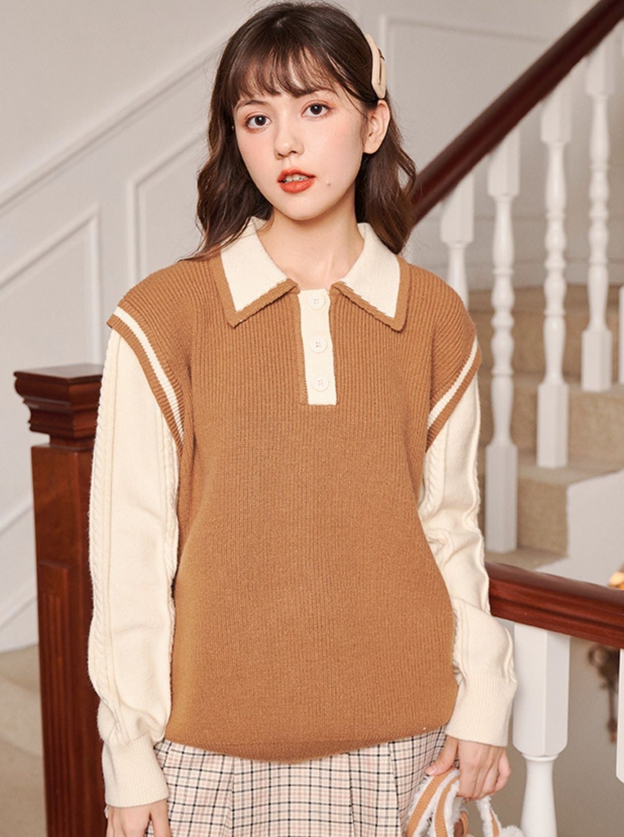 Polo collar faux two-piece knit sweater