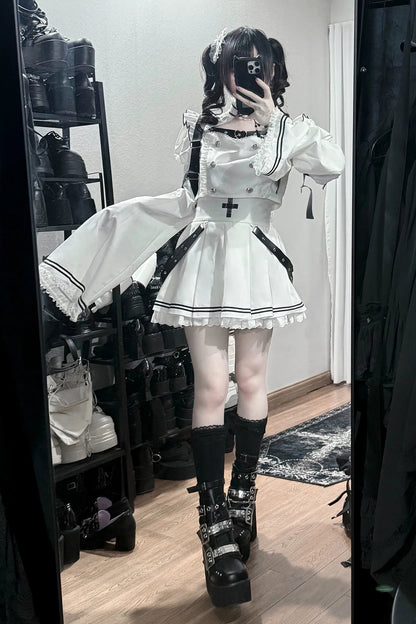 [Pre-order Deadline: November 15] White and Black Gothic Choker-Neck Bell-Sleeve Frilled Crop Top with Buckle Strap + Medical Cross Strap Skirt