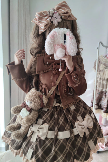 【10月17日予約締切】Brown/Black Sweet Lolita Pearl Bow Lace Short Coat