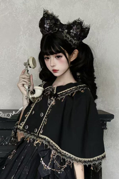 Reservation Deadline: December 26 Black Gold Gothic Lolita Cat Choir Series Accessories (Cat Ear BB Hat + Back Ribbon Train + Pair of Side Ribbons with Musical Note and Cross Motifs + Cat Print Ribbon KC + Black Cat Ear Lace Mini Hat)