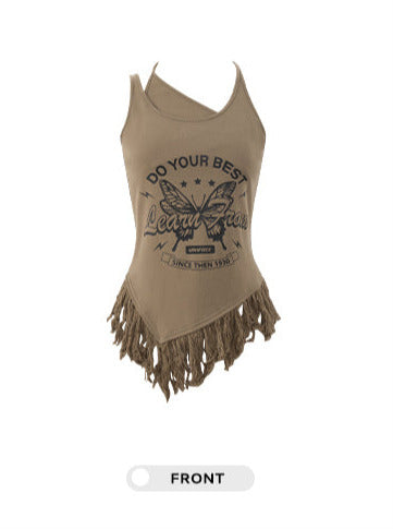 Army Green Asymmetrical Mesmerizing Halter Neck Fringe Tank Cami Top