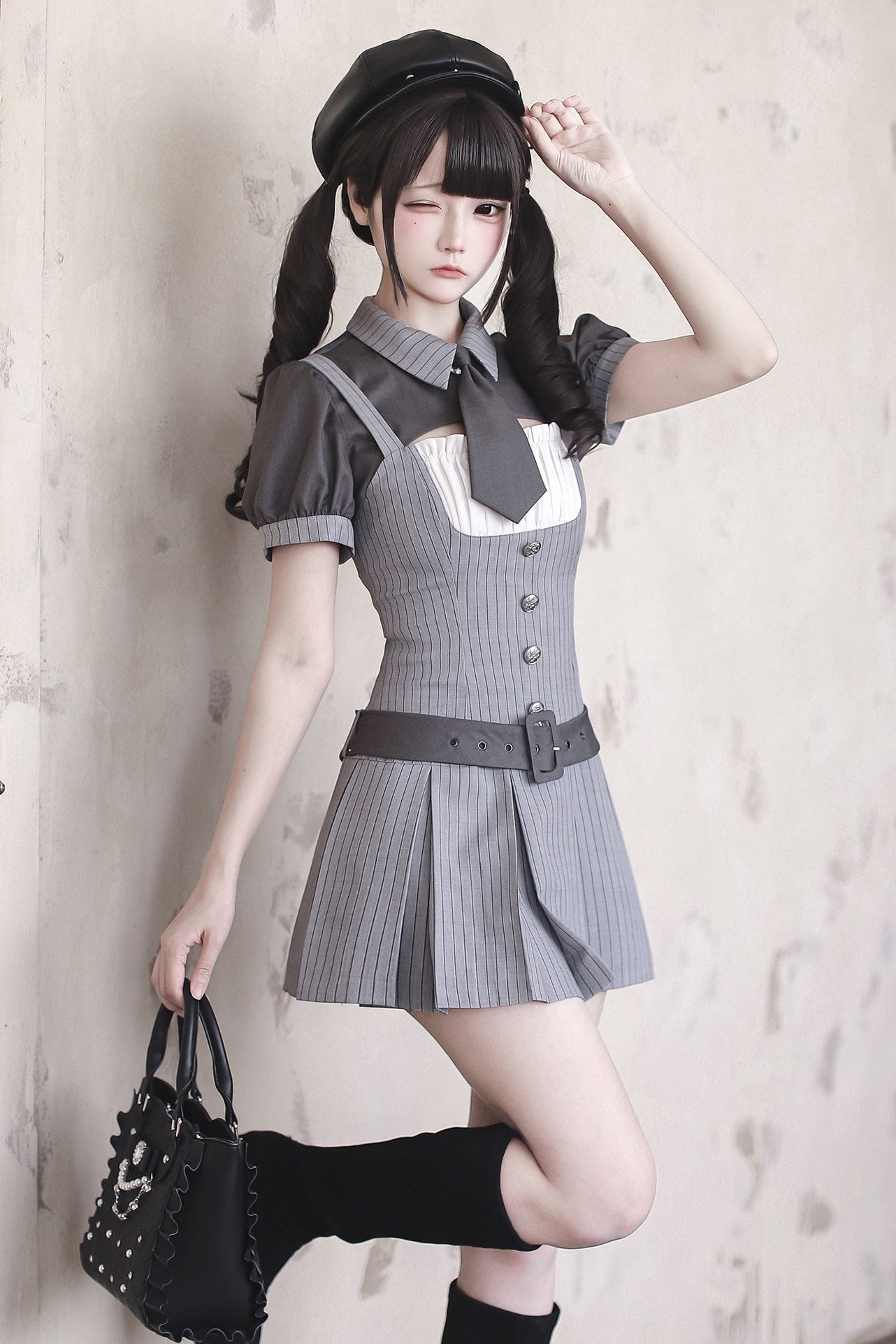 【4月15日予約締切】グレーピンストライプタイカラーショートジャケットドレスフルセット＋ジュエルキャスケット