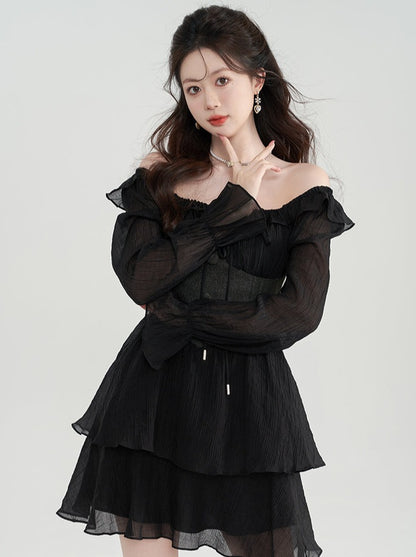 Ruffle Mesh Square Collar Black Dress