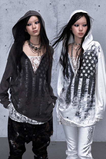 레이스 패치워크 루즈핏 후드 파카