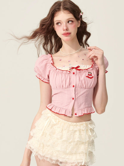 [31 mai à 20 heures] less eyes half sweet croissant pink short-sleeve T-shirt women's summer square neck checkered