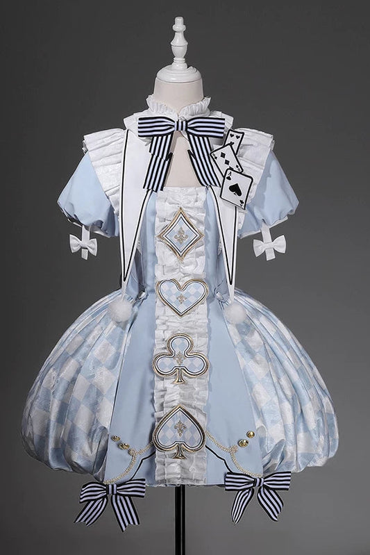 【Reservierungsschluss 8. August】Alice-im-Wunderland-Sweet-Lolita-Kleid mit Kartenmotiv, Puffärmeln und Schleife + Rüschen-Schleifen-Pierrot-Kragen (abnehmbarer Kragen) + Kleid-Set