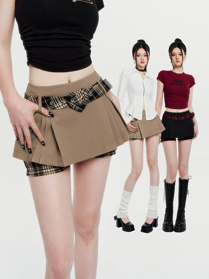 Y2K Cool Spicy Check Belt Inner Pants Inverted Pleated Skirt (Jupe plissée inversée)