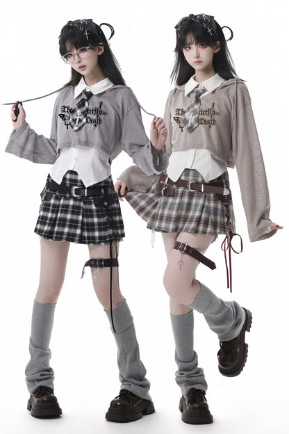 Y2K hooded short top + sleeveless shirt with tie + check culottes