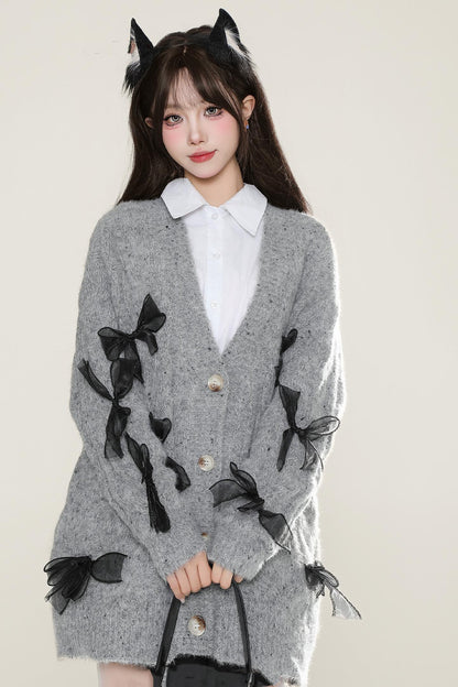 Mohair Bow Detail V-Neck Cardigan