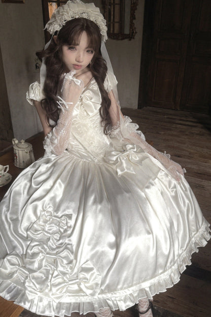 [Pre-order Deadline: August 8] Elegant Silver Satin Lolita Romantic Ribbon Dress Set