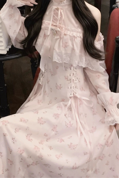 【8月30日予約締切】Pink floral chiffon lace jewel ribbon open shoulder long sleeve dress (short length/long length)
