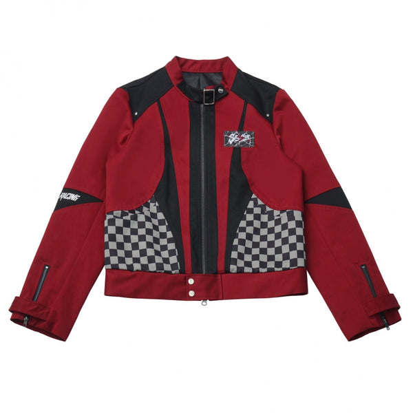 チェッカーボードオートバイジャケット+スウェット+デニムパンツ