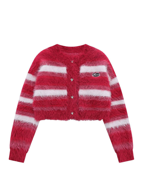 ホットガールスタイルレッドストライプショートファーニットカーディガン