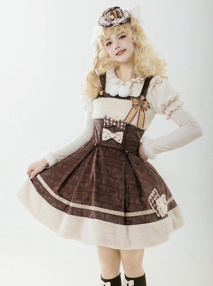 Biscuit print jumper skirt + ribbon + mini -pen + leg warmer [Reservation product]