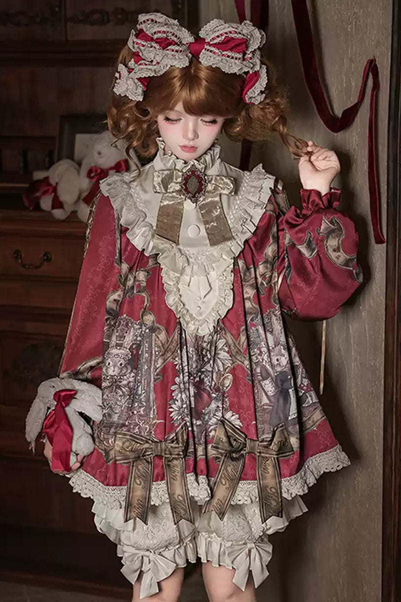 【11月3日予約締切】Antique Bow Burgundy Rabbit Print Frill Doll Dress + Shorts Set