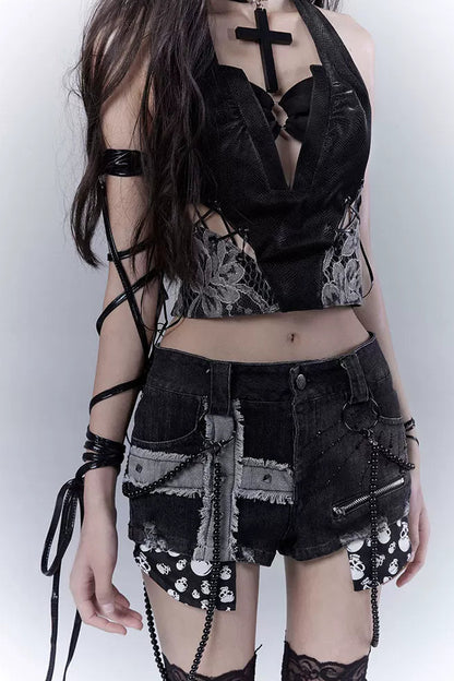 ダークレースパッチワークレザーキャミソール