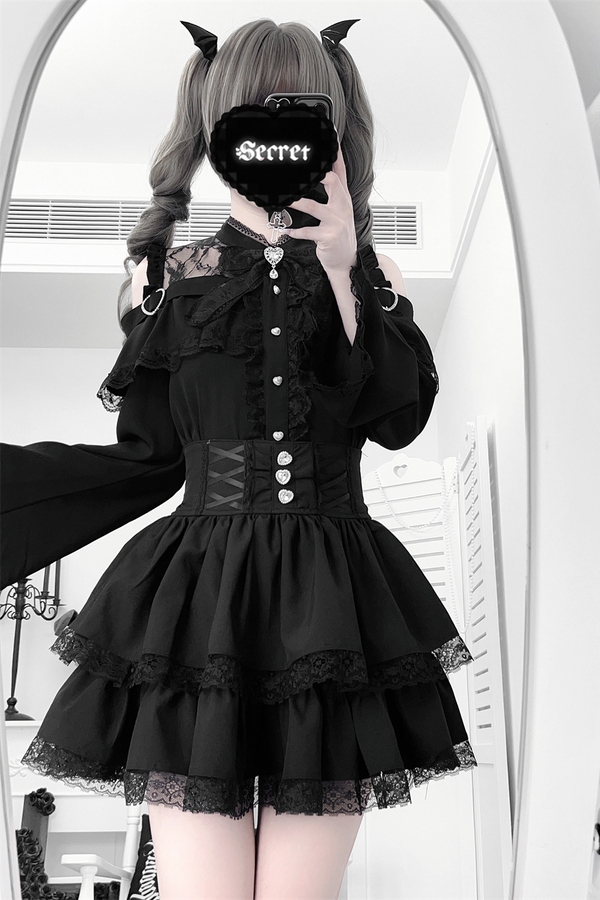 Lace off-the-shoulder shirt + lace-up skirt