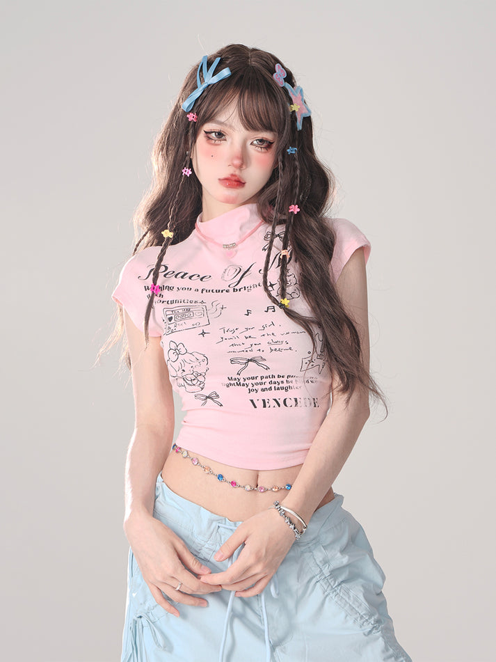 ピュアホワイトピンクバックドロストリボンクロップドTシャツ