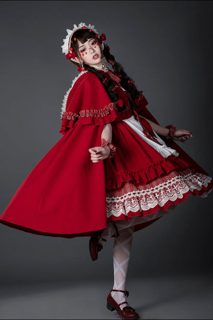 [Reservation product]Sweet Red Check Ribbon Dress [Little Red Riding Hood Outfit]