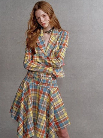 Retro Check Waist One Button Blazer Irregular Skirt Suit