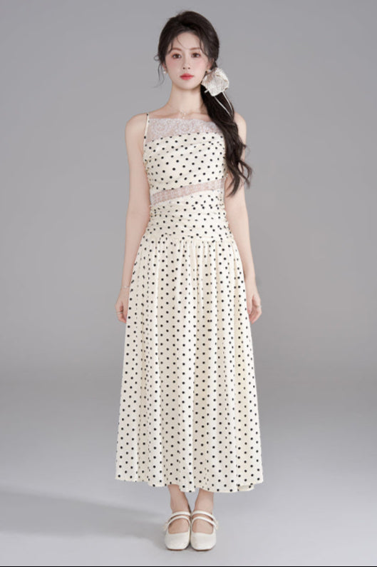 ドットレースフレンチロングキャミソールドレス+ドットシュシュ