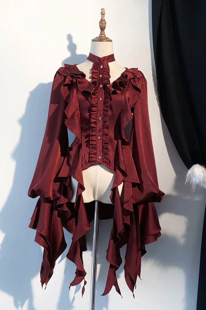 [November 9 Preorder Deadline] Victorian Gothic Lolita Halter-Neck Blouse with Flared Sleeves, an Asymmetrical Frill, and a Train
