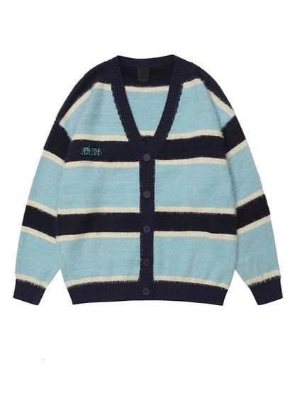 American Retro Striped Contrast Color Cardigan Knit