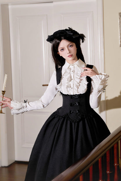 [Reservations] Dark Gothic Doll Long Suspender Lolita Skirt + Big Ribbon Tail + Ruffle Shirt + Ruffle Collar