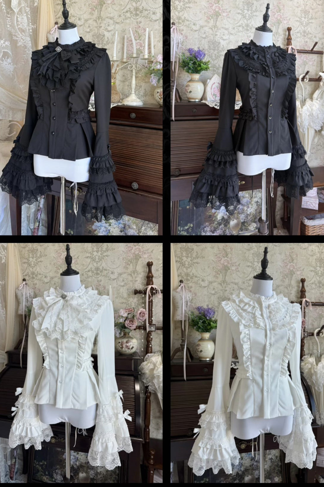 【9月28日予約締切】White/Black Gothic Lolita Lace Frill Bell Sleeve Shirt + Rose Lace Bow Jabot