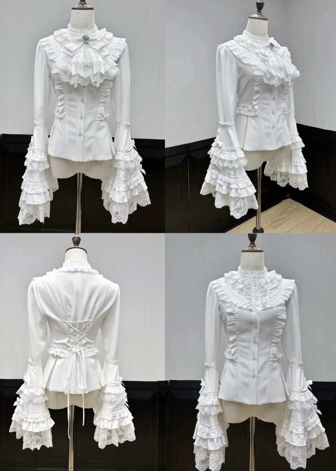 【9月28日予約締切】White/Black Gothic Lolita Lace Frill Bell Sleeve Shirt + Rose Lace Bow Jabot