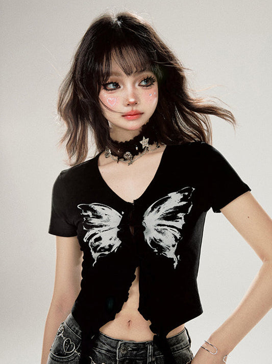 11SH97 Black Butterfly T-Shirt Women's Slim Design Sense Y2K Babes Short Sleeves Covering Flesh Short Style, Waist Jacket