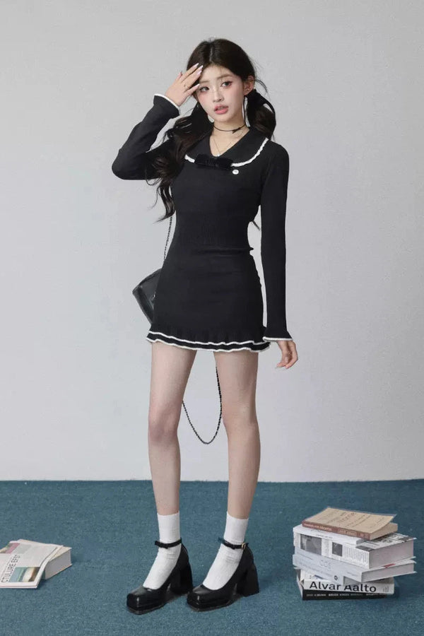 カレッジスタイルニットドールカラードレス