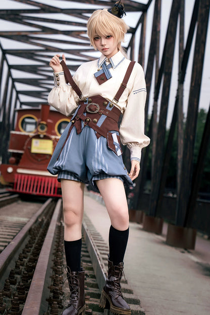 【10月2日予約締切】Vintage Prince Ivory Shirt + Blue Stripe Shorts + Brown Suspender Corset + Waist Belt + Full Set