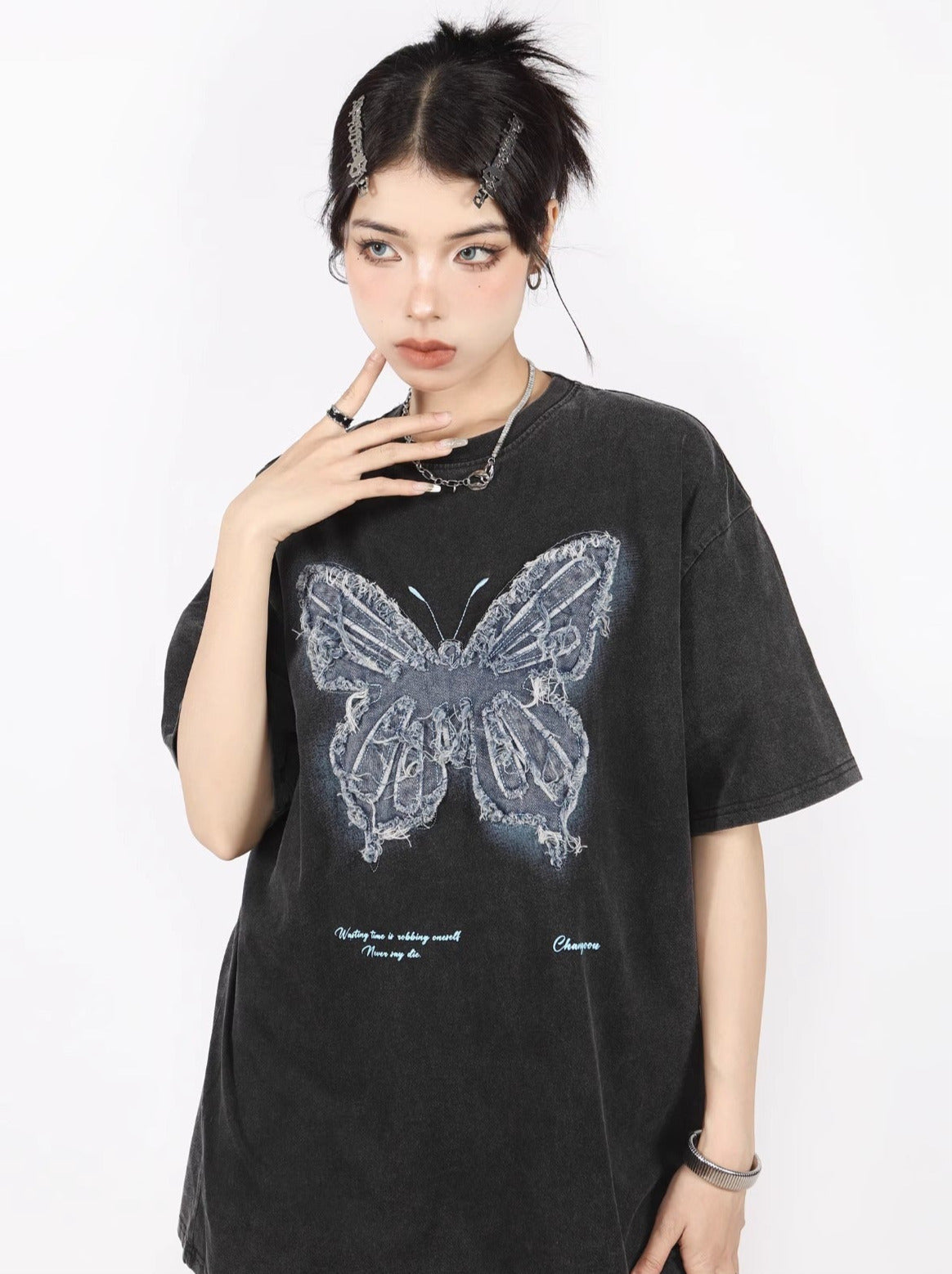 American Retro Butterfly Ergain Broy Dary Over -size T -shirt