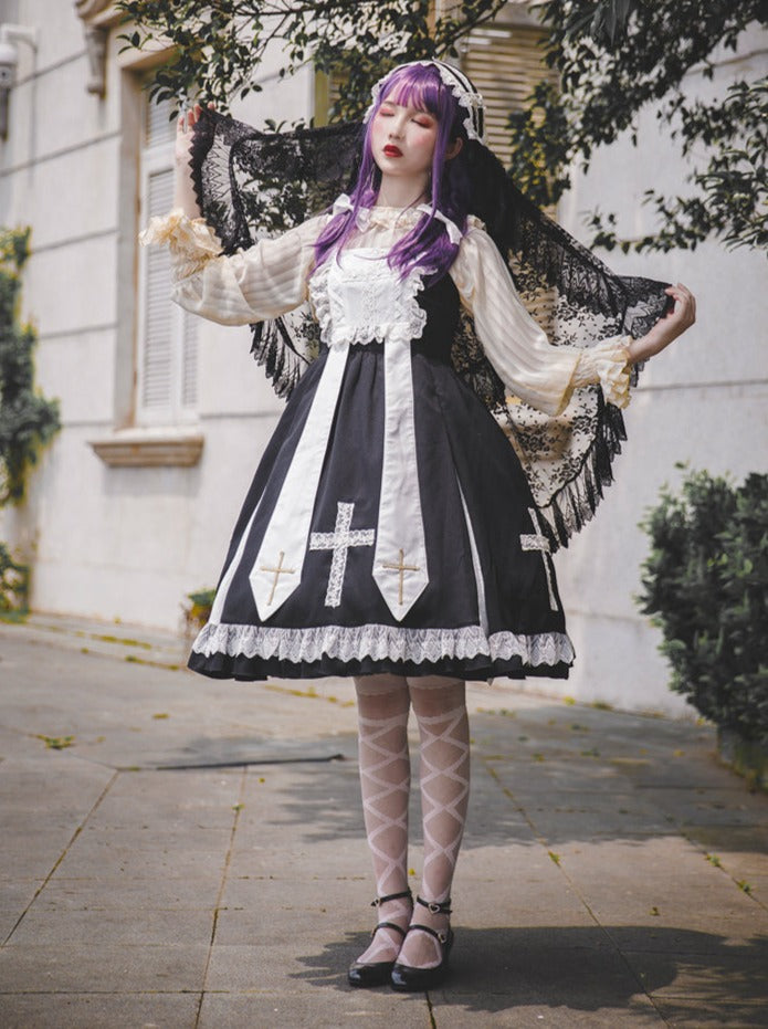 Cross Elegant Lolita Dress + Short Jacket + Hairband + Veil + Collar