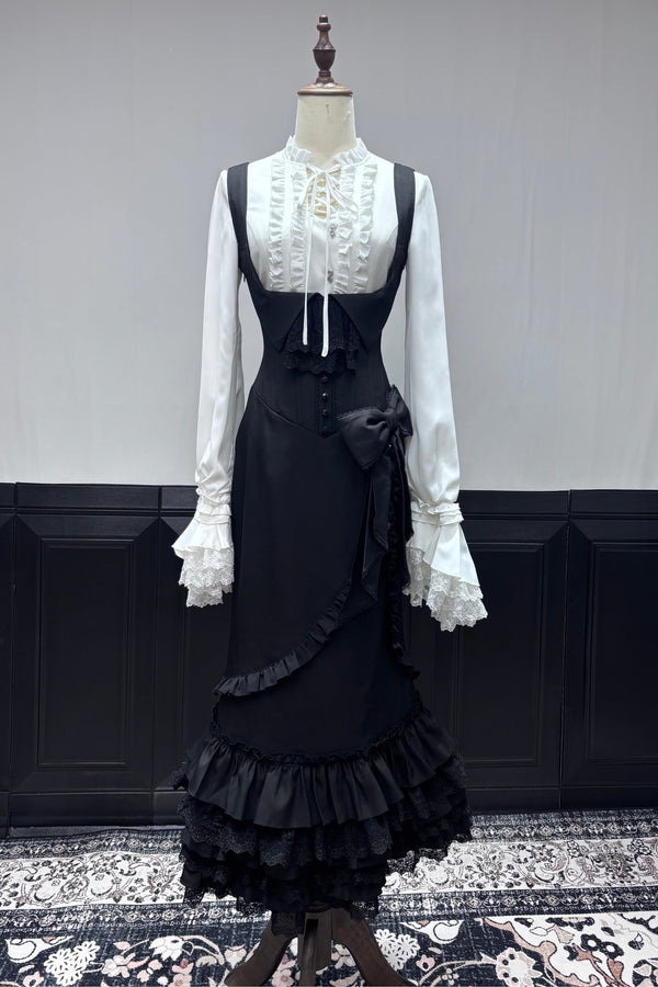 [Pre-order Deadline: November 6] Gothic Lolita White Lace-Up Frill Shirt + Asymmetrical Frill Lace Bow Mermaid Skirt Set