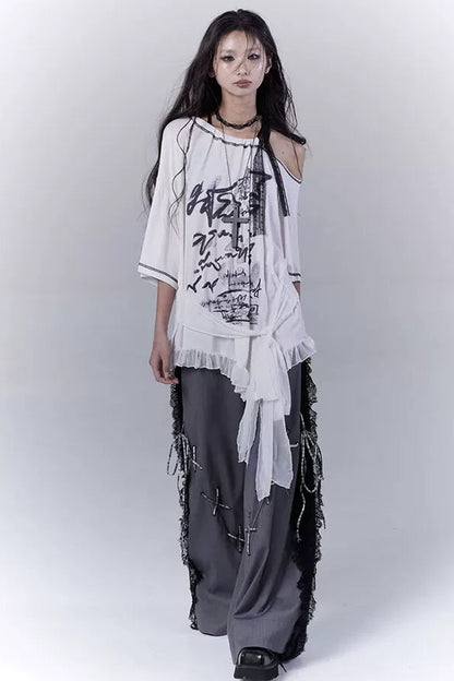 ダークバイカラーシークレットレースパッチワークパンツ